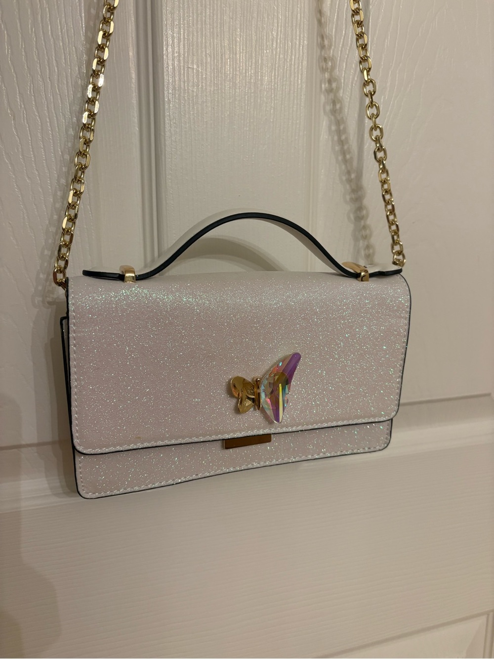 ALDO White Glitter Crossbody Bag Gold Chain Shoulder Strap Butterfly Crystal
